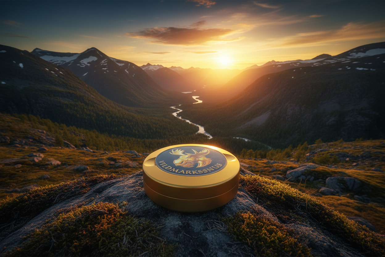Gulddosa med fjäll och midnattssol