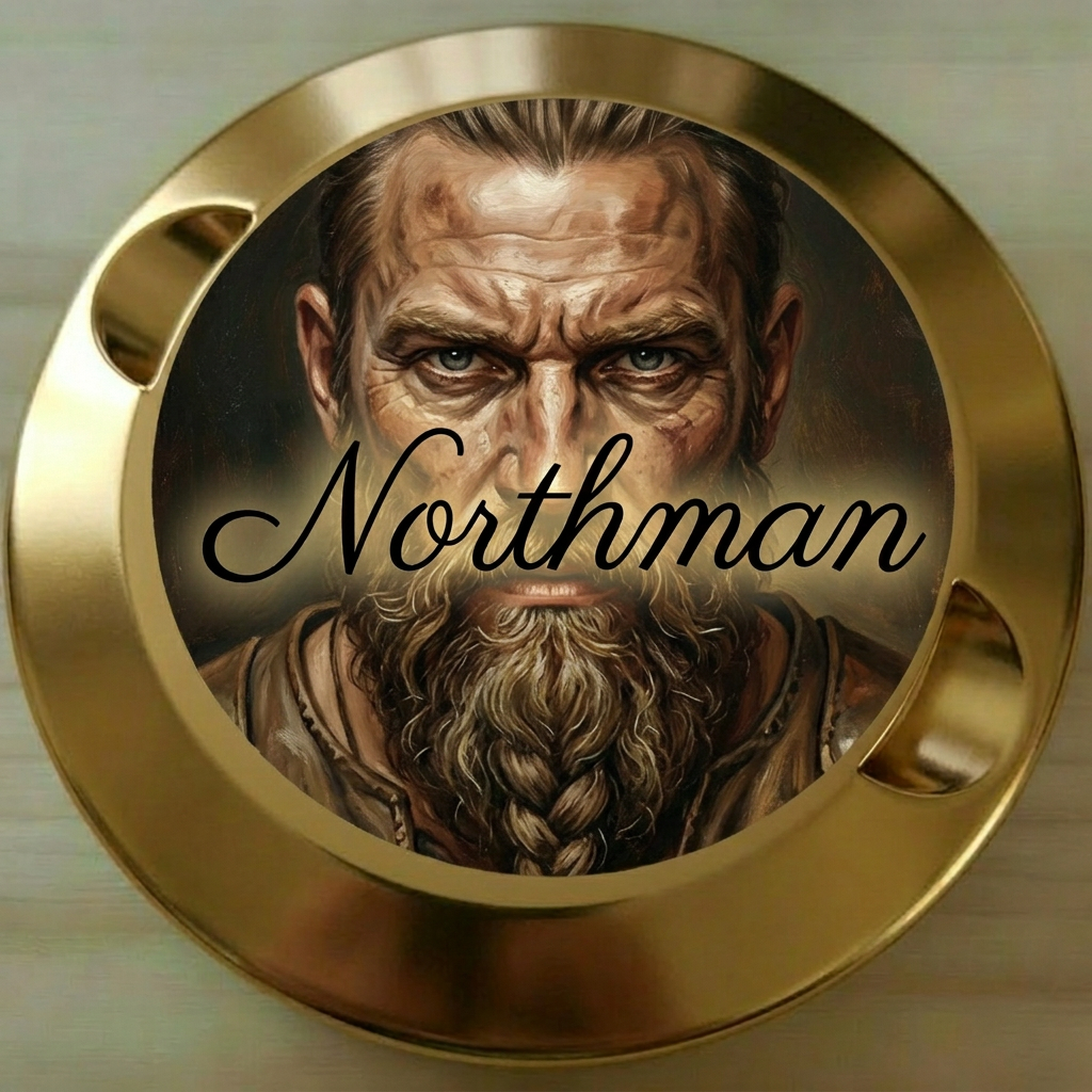 Northman-dosa i guld med ansikte på etiketten