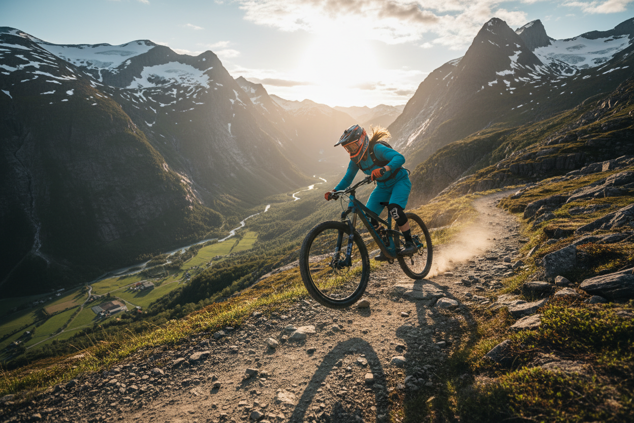 Tjej på mountainbike med fjäll